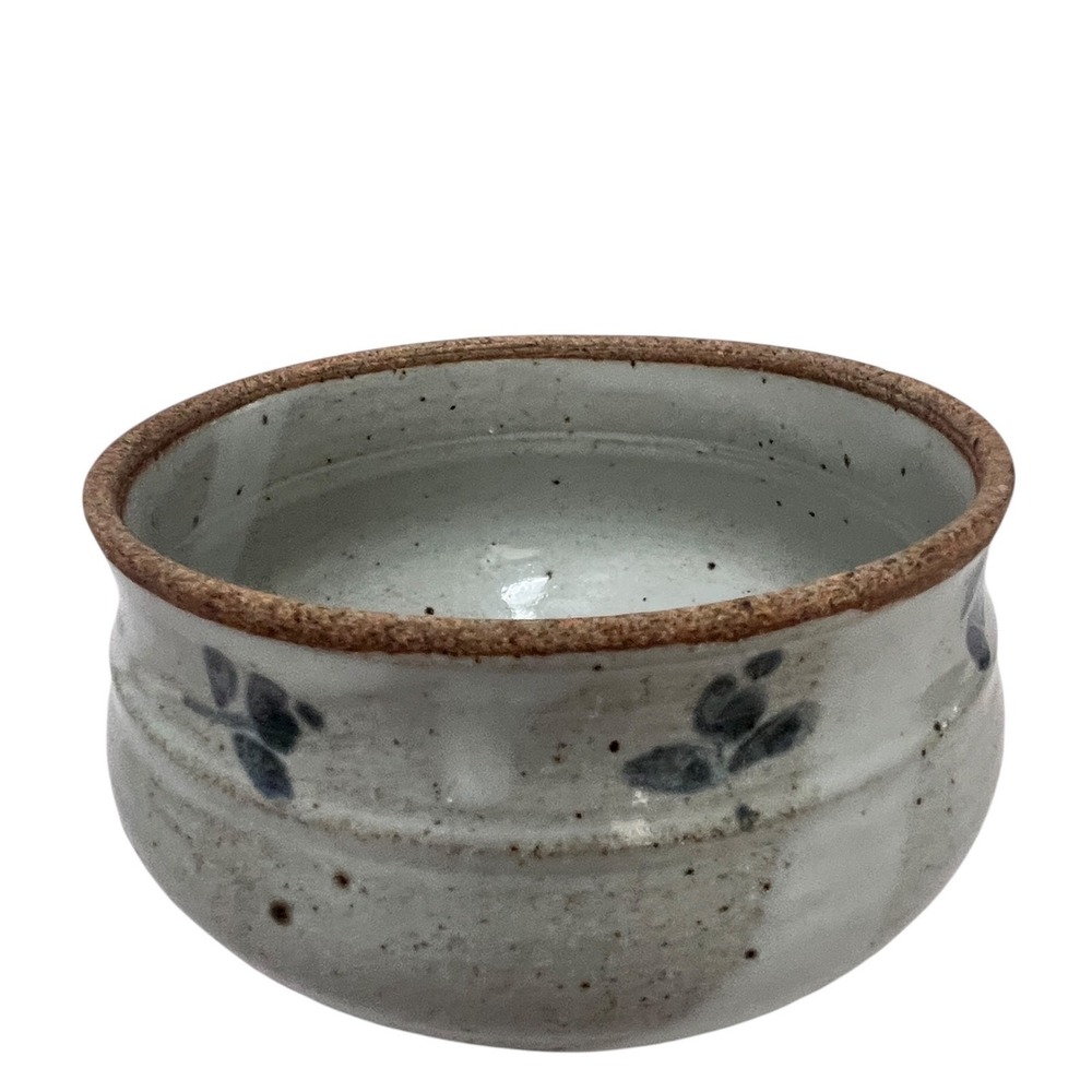Signed Studio Pottery Hand Painted Floral Bowl Blue Gray Speckled Stoneware